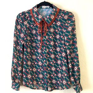 REDYAZEL Sheer Button Down Blouse Size XS Green Red Office Business Casual